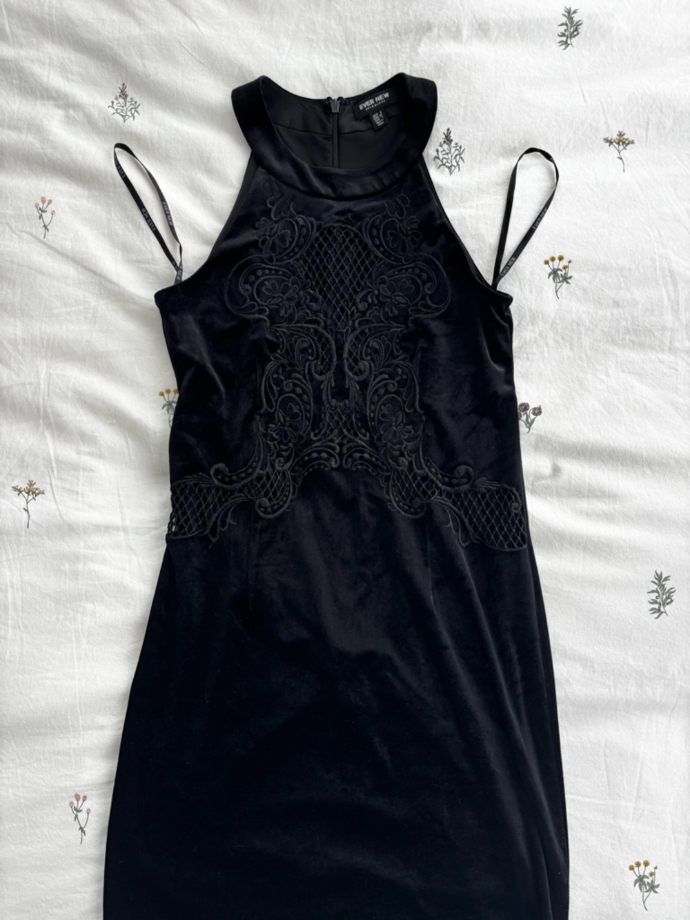 Ever New Black Velvet Embroidered Halter Mini Dress
